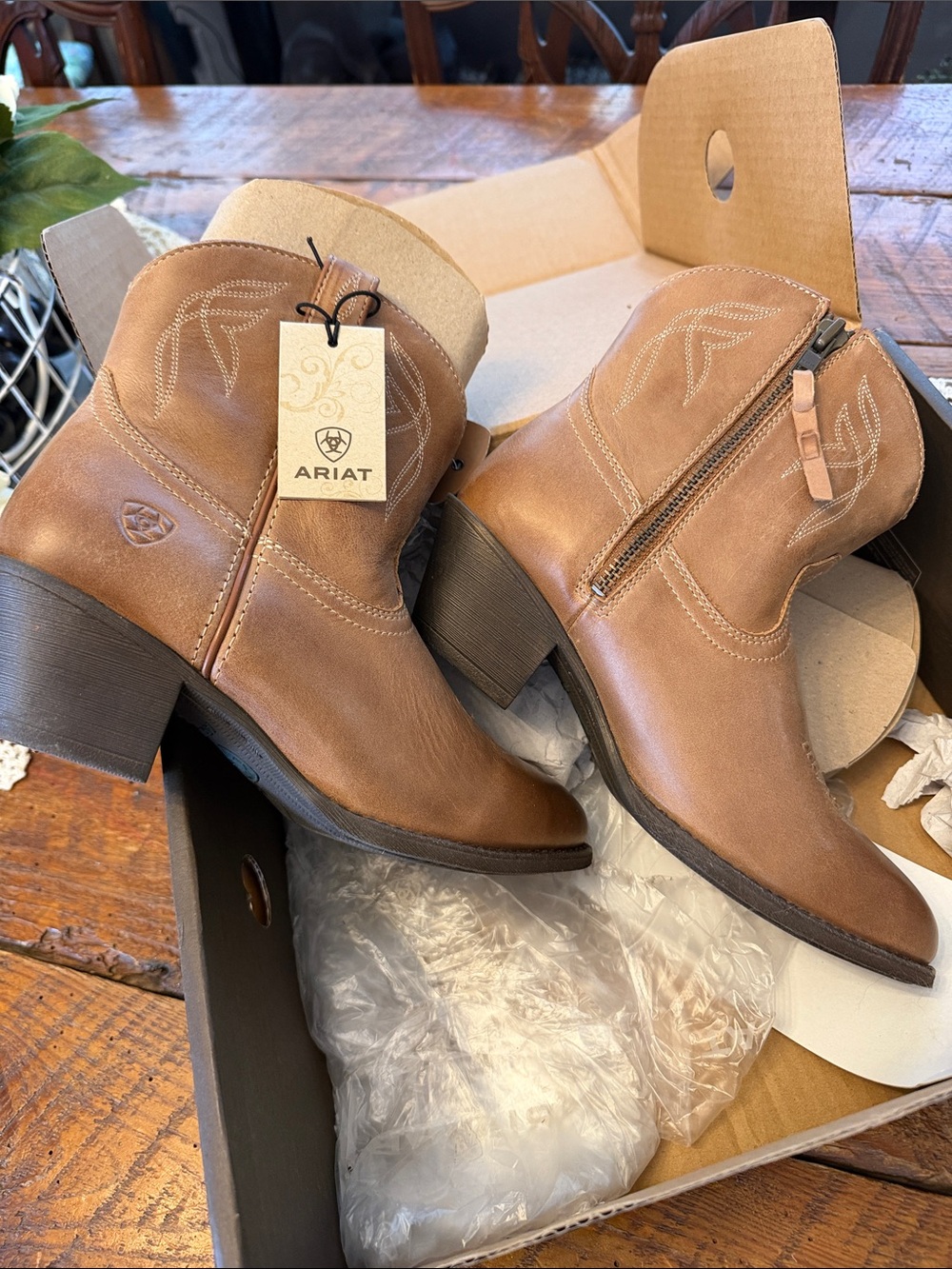 Ariat Brown Leather Western Ankle Booties with Stacked Heel - Picture 8 of 10
